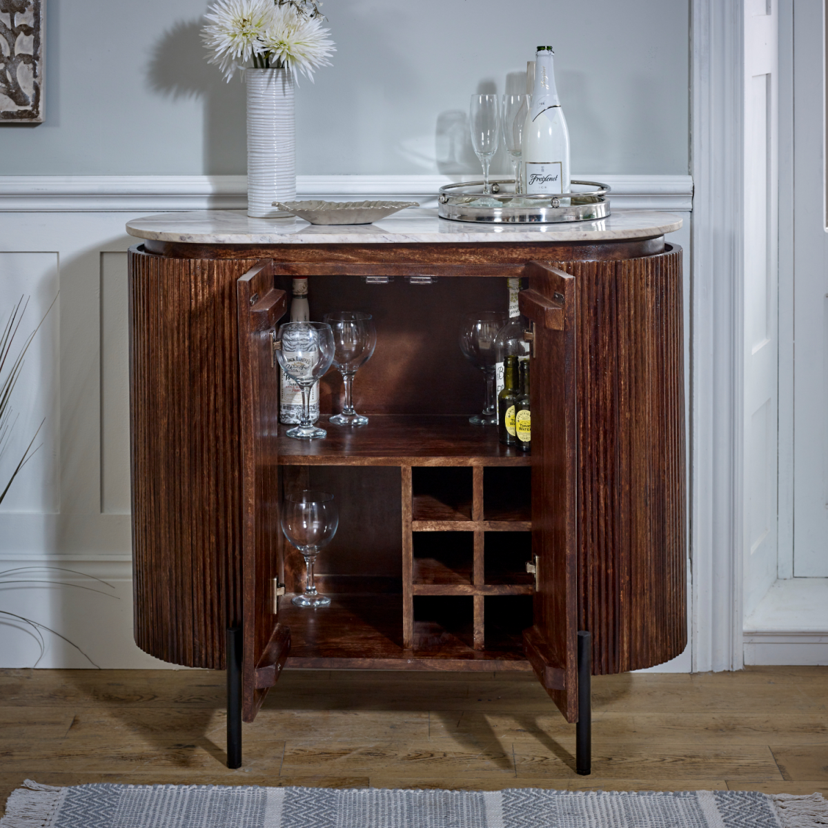 Opal Solid Wood Sideboard & Drinks Cabinet with White Marble Top – Handmade Bottle and Glassware Storage