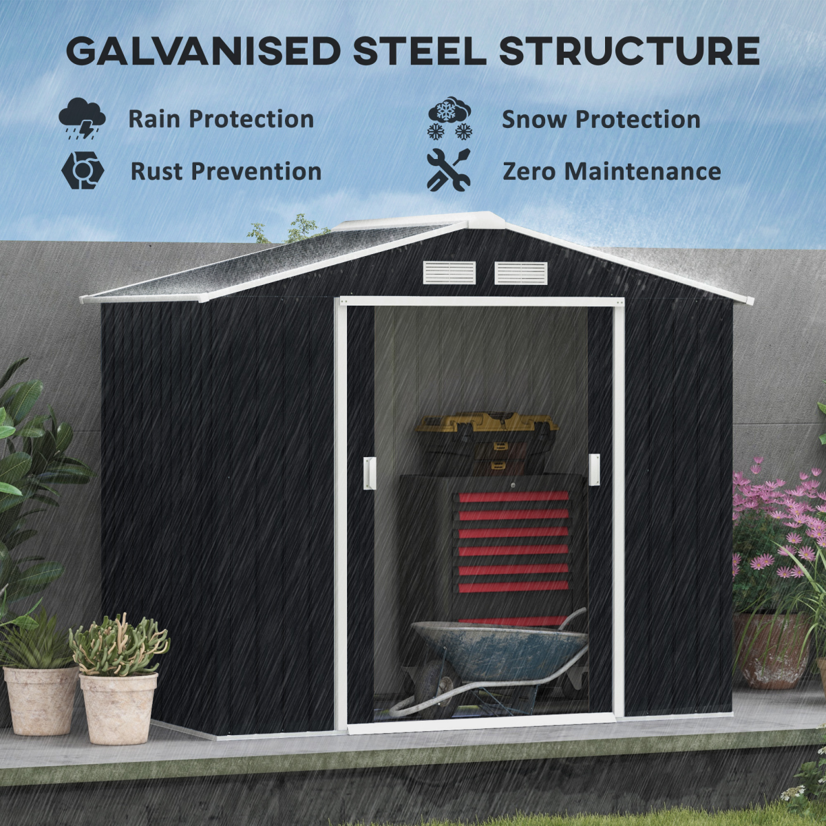 Outsunny 7 x 4ft Lockable Galvanised Steel Garden Shed with Sloped Roof & Foundation – Tool Storage, Grey