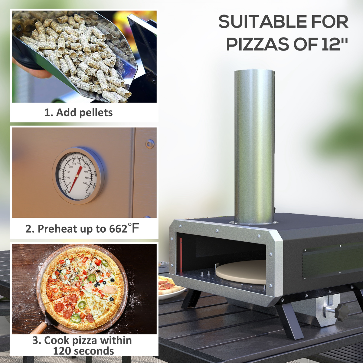 Outsunny Wood Fired Pizza Oven with Rotating Cordierite Stone, Chimney & Thermometer – Outdoor Patio Cooking, Black