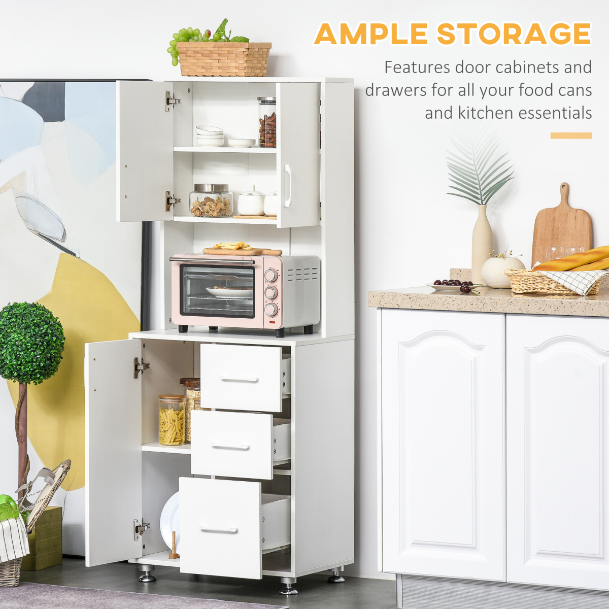 HOMCOM Kitchen Buffet with 2 Cabinets, 3 Drawers and Microwave Rack – 60x40x150cm Storage Cupboard, White