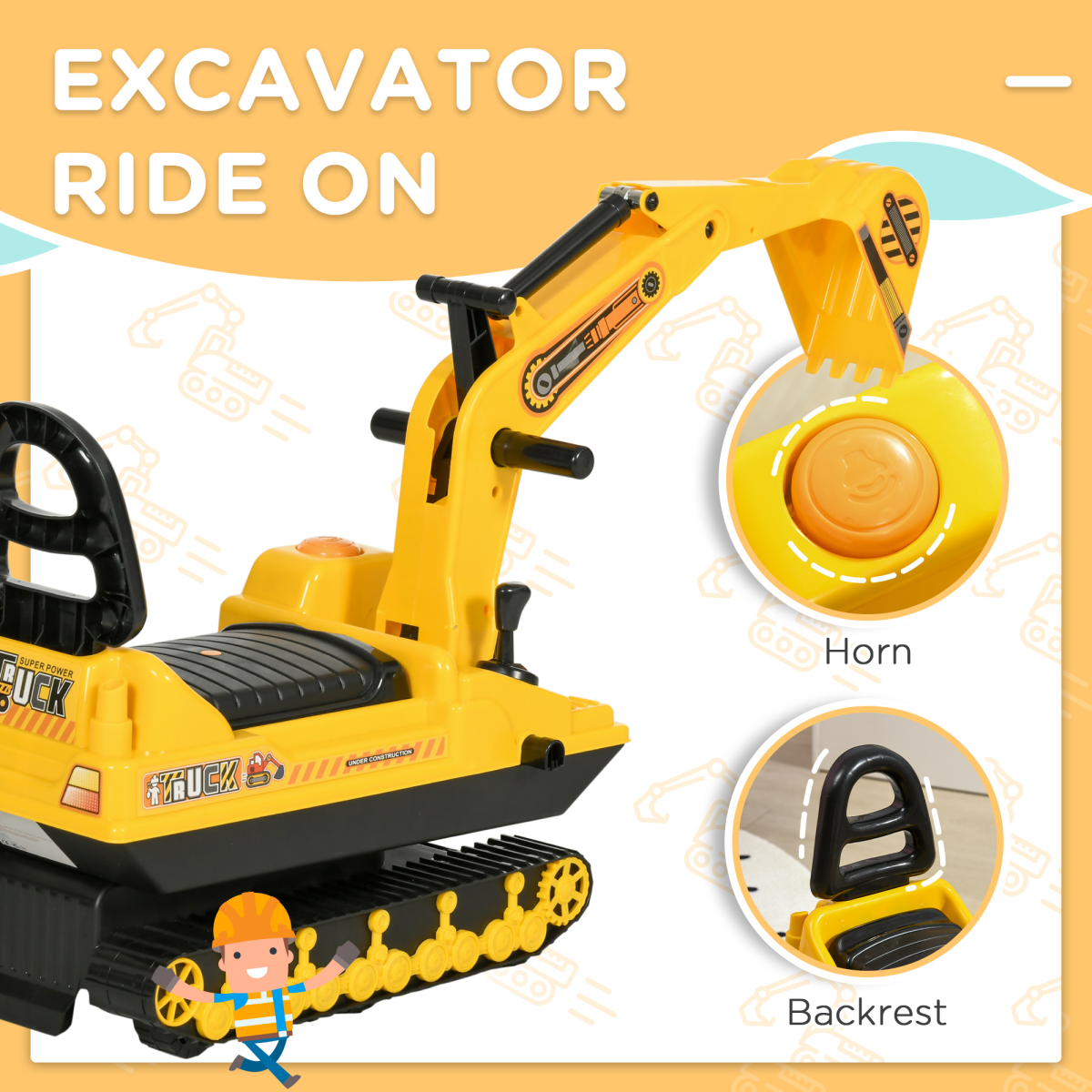 HOMCOM Kids Ride-On Excavator Toy with Rotating Body & Storage Box – 2-in-1 Toddler Walker Digger