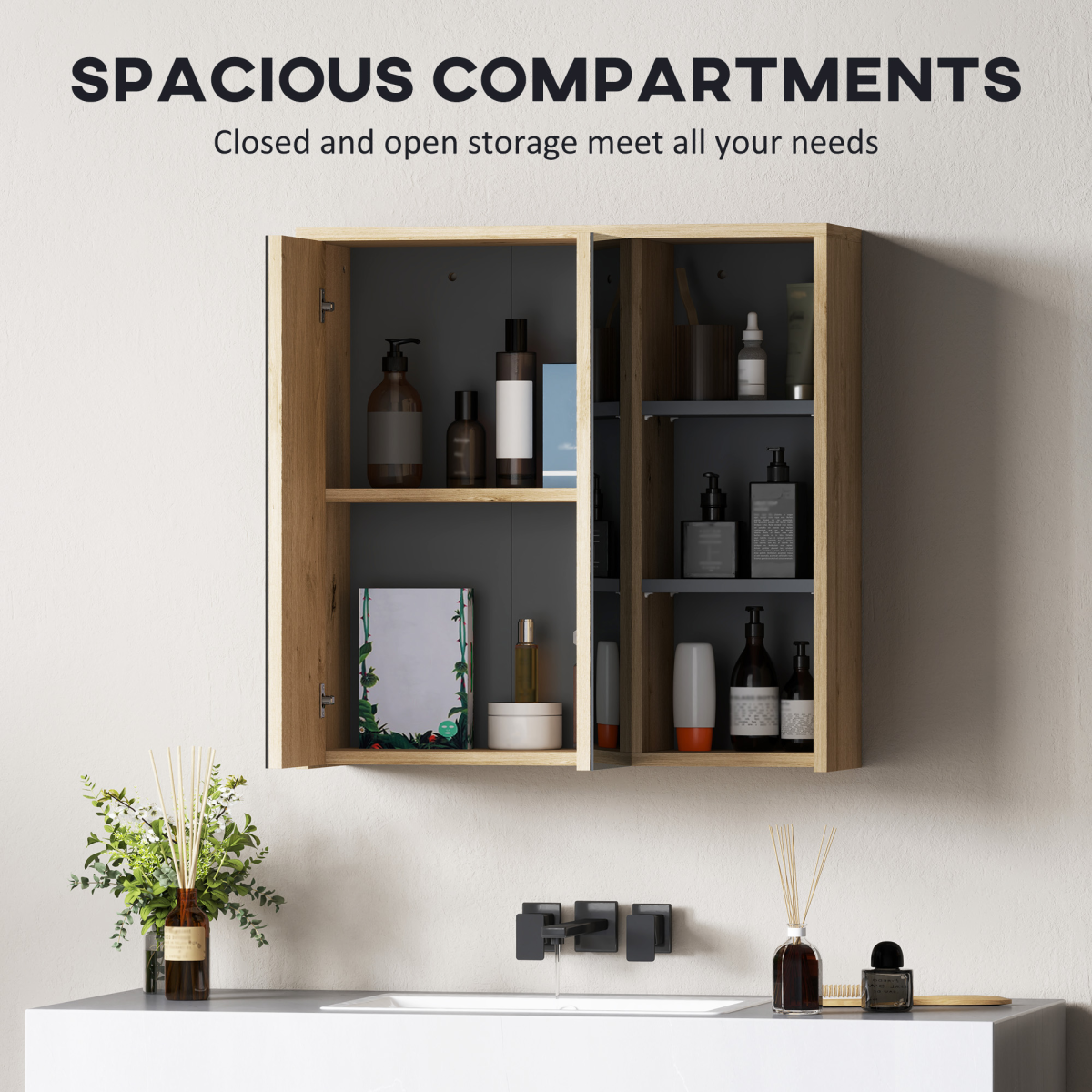 HOMCOM Wall-Mounted Bathroom Mirror Cabinet with Five Shelves and Two Mirrored Doors, Natural