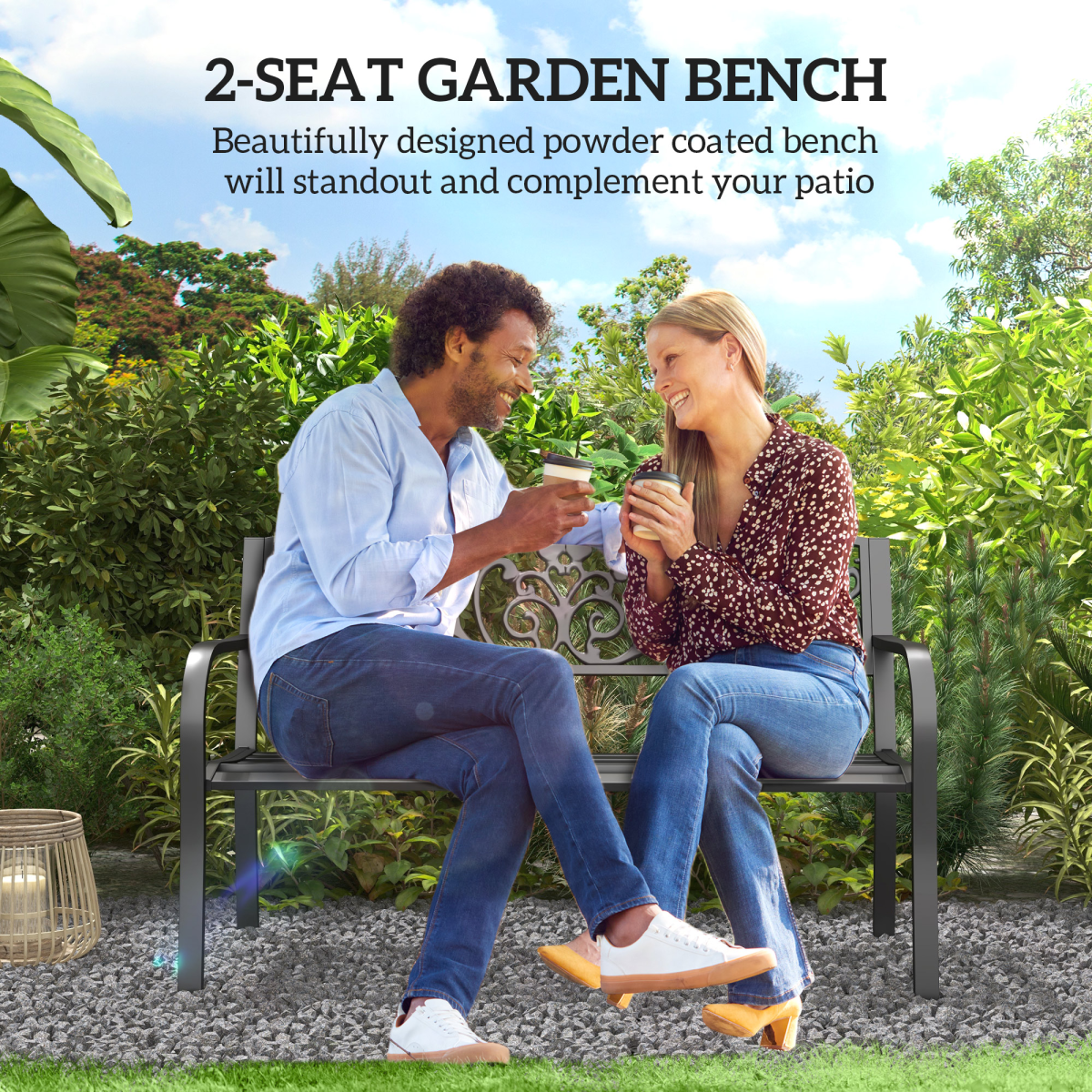 Outsunny 2-Seater Powder Coated Steel Garden Bench with Floral Backrest – Patio Seating, Black