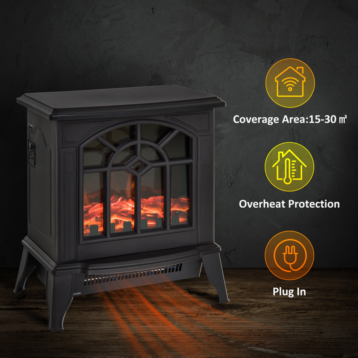 HOMCOM Electric Heater, 1000W/2000W with LED Charcoal Flame Effect & Thermostat – Cast Metal, Black