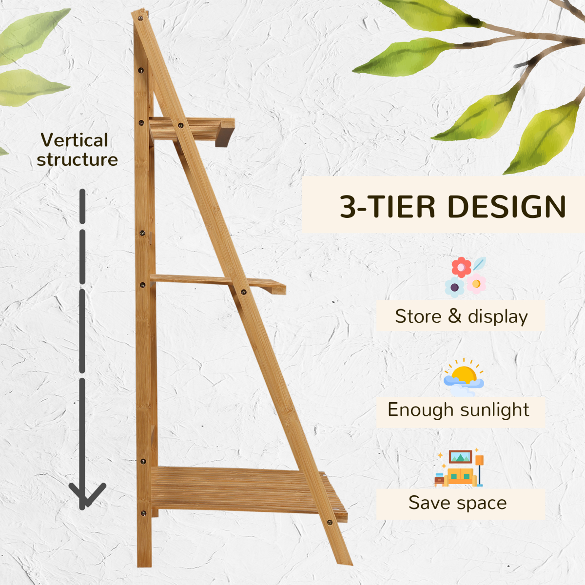 Outsunny 3-Tier Folding Bamboo Plant Stand with Slatted Shelves – Indoor & Outdoor Display Rack