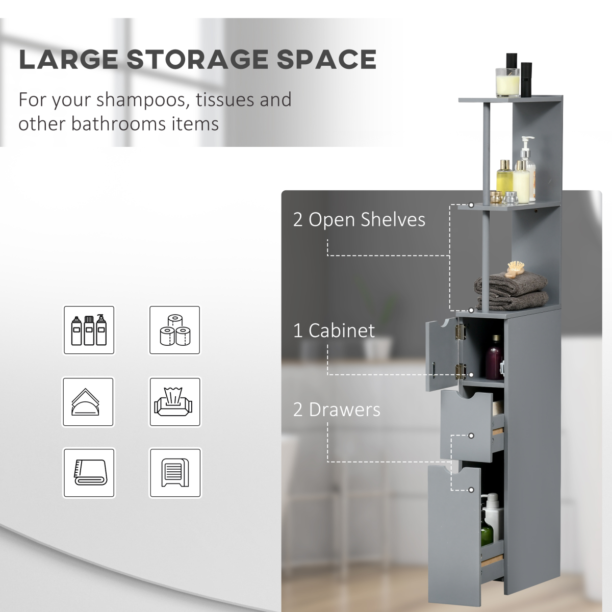 HOMCOM Tall Slimline Bathroom Storage Cabinet with Open Shelves, Cupboard and Drawers – Anti-Tipping Design, Grey