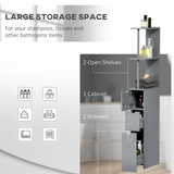 HOMCOM Tall Slimline Bathroom Storage Cabinet with Open Shelves, Cupboard and Drawers – Anti-Tipping Design, Grey