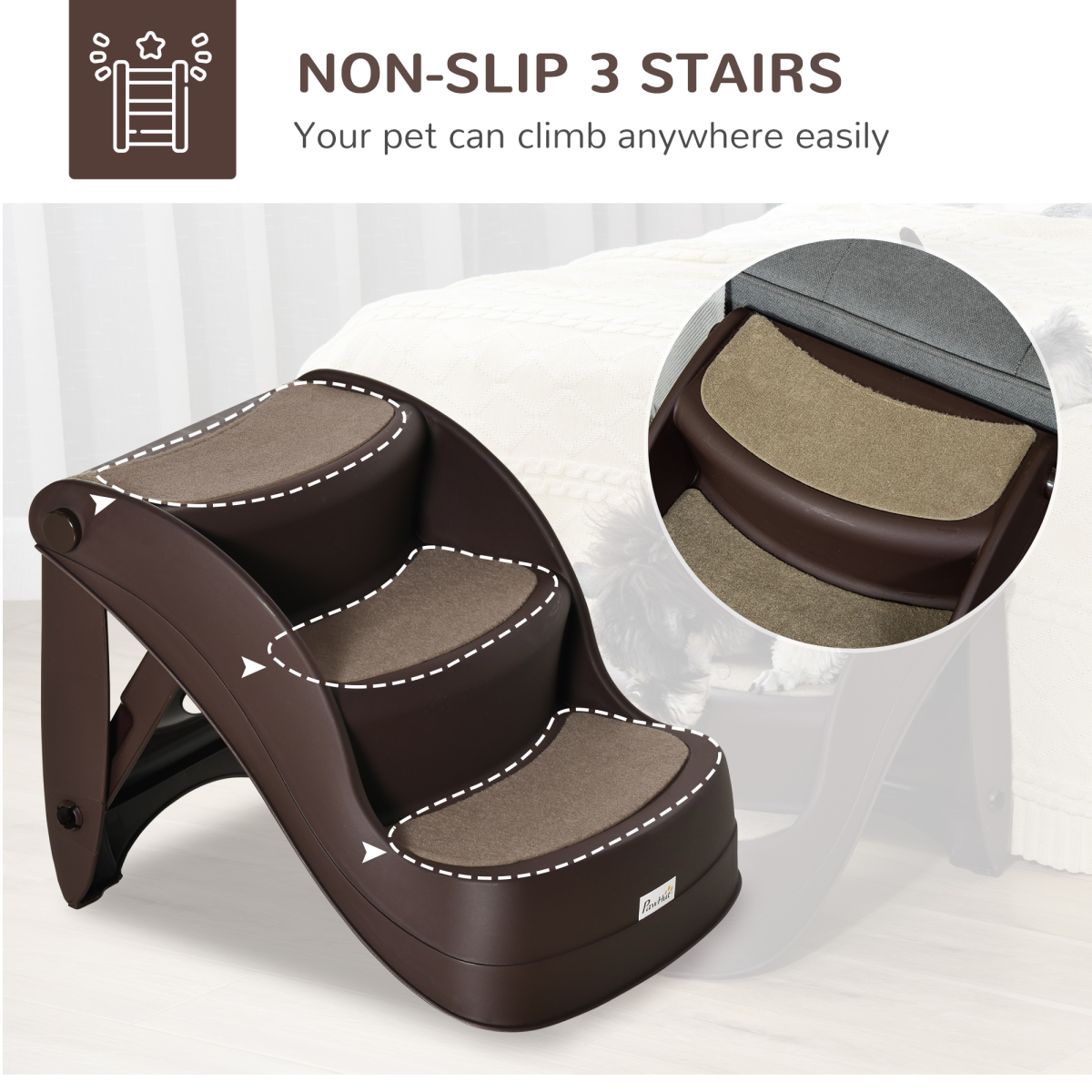 Portable Dog Steps with Non-Slip Feet and Carpeted 3-Step Design – Foldable Pet Stairs for Beds, Brown