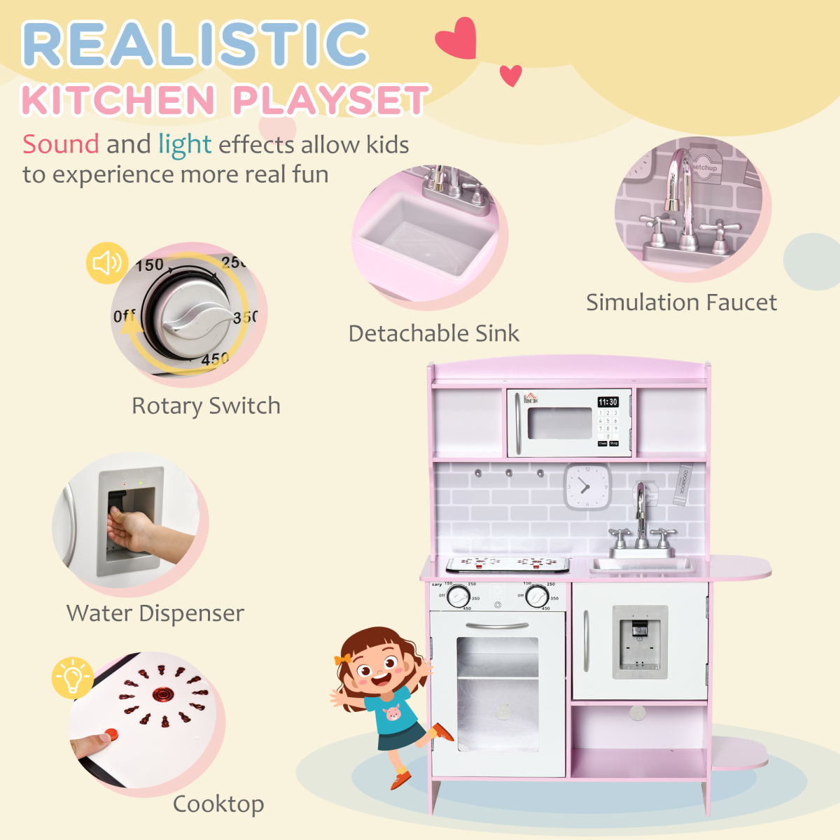 HOMCOM Kids Kitchen Play Set with Lights, Sounds, Microwave, Sink and Storage – Role Play Toy