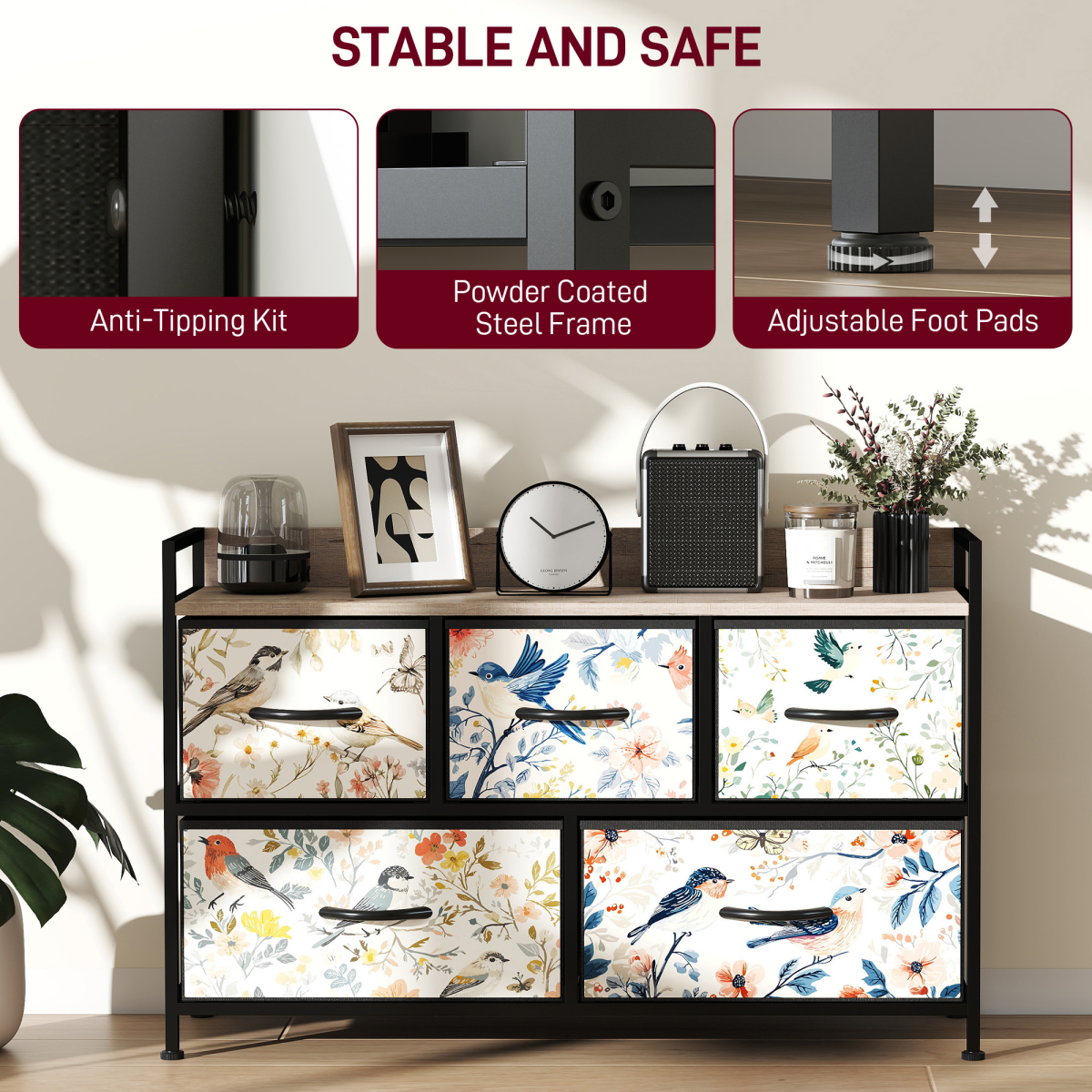 5-Drawer Fabric Chest of Drawers with Steel Frame & Wood-Effect Top – Foldable Drawer Storage Unit, White