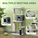 PawHut 132cm Cat Tree for Indoor Cats with Scratching Posts, Cat House, Bed & Anti-Tip Kit – Light Grey