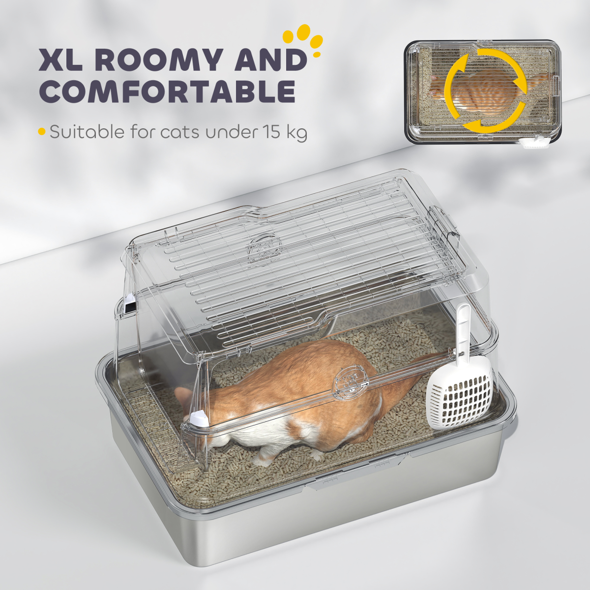 PawHut Extra Large Enclosed Stainless Steel Cat Litter Tray with Scoop and Flip Top Lid – Odour-Resistant Litter Box