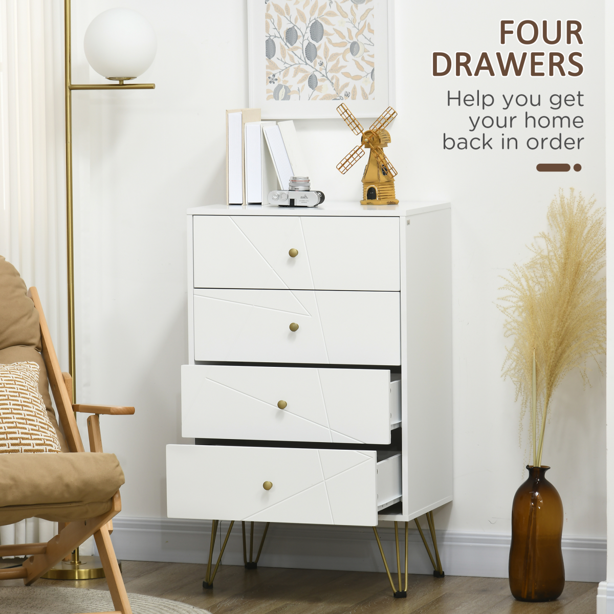 HOMCOM 4-Drawer Chest of Drawers with Hairpin Metal Legs – Bedroom Storage Organiser, White