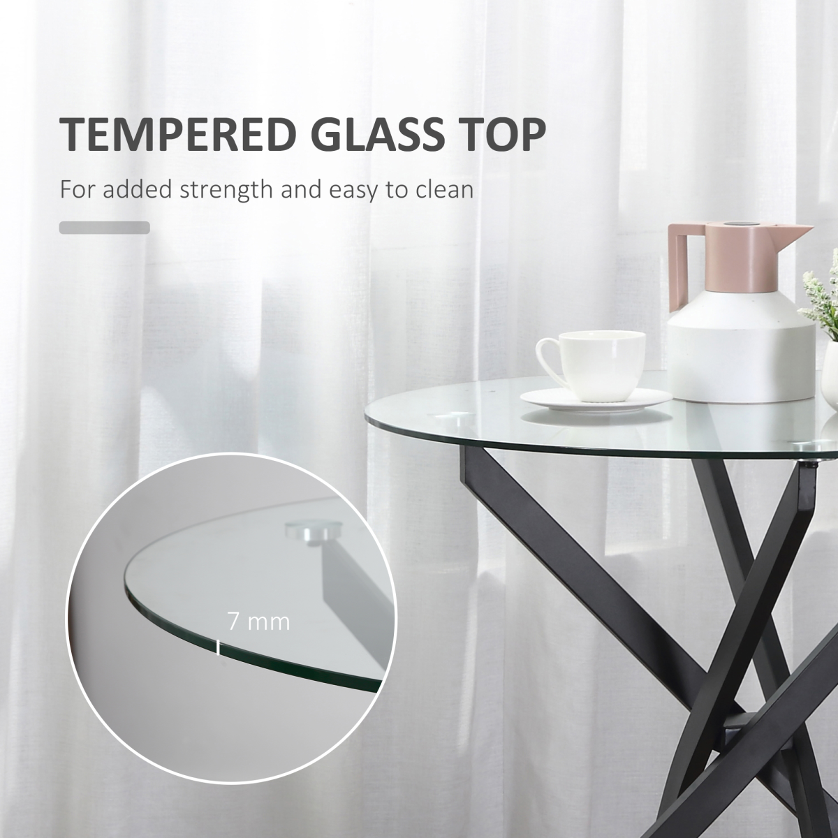 HOMCOM Round Clear Glass Side Table with Crossed Black Metal Legs – Modern Living Room and Bedroom Table