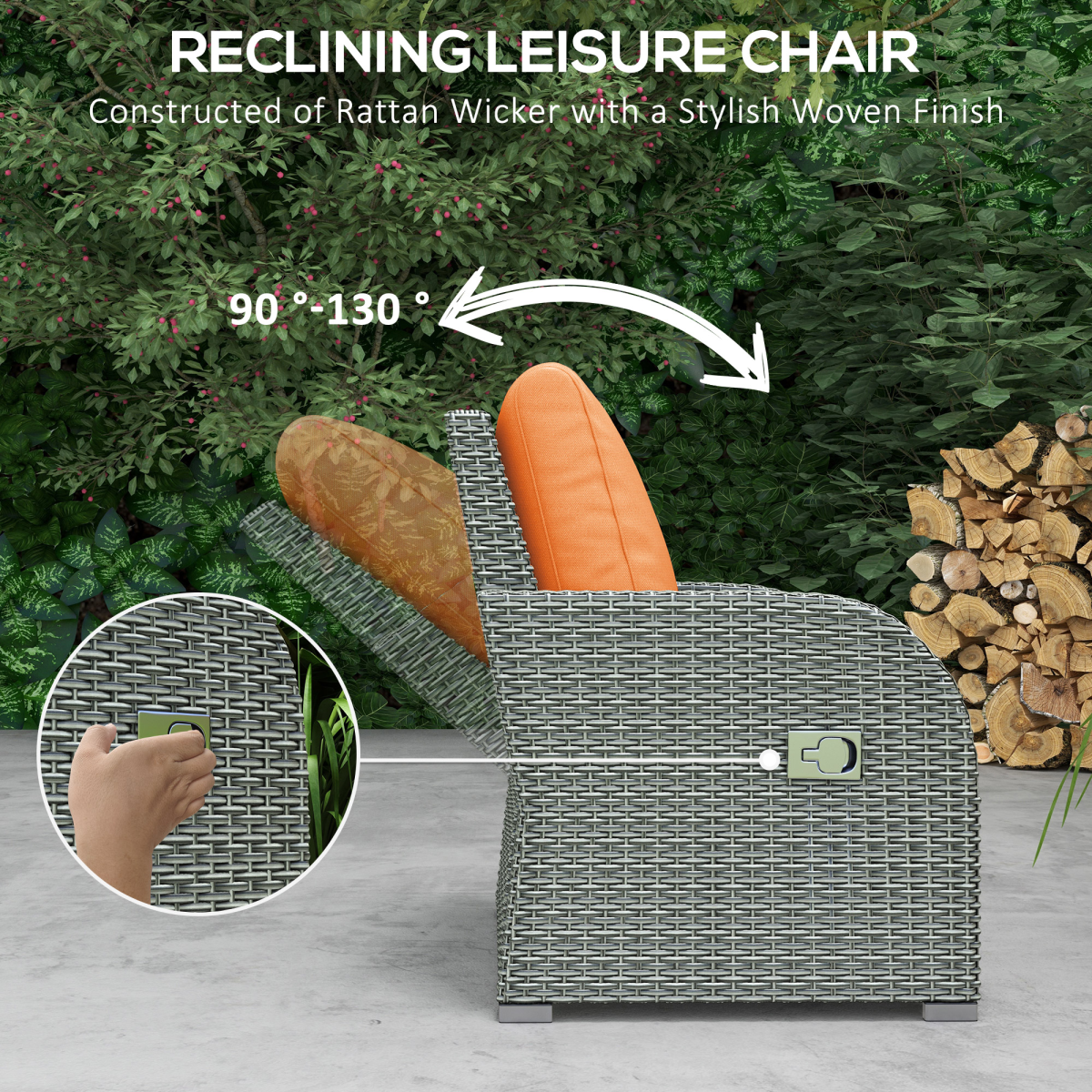 Outsunny 6-Piece Padded Rattan Garden Sofa Set with 3-Seater Sofa, 2 Reclining Armchairs, 2 Footstools & Table – Orange