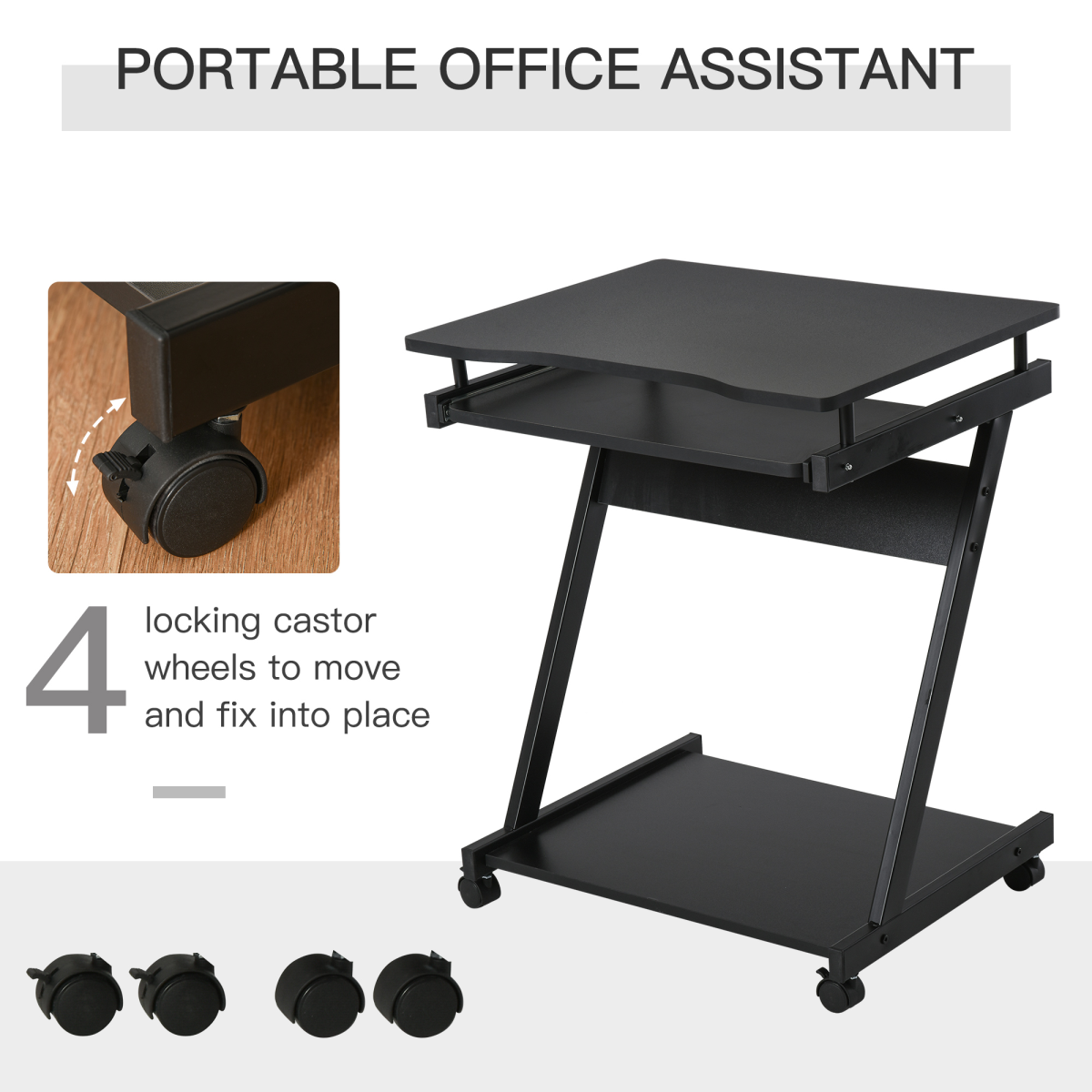 Movable Computer Desk with 4 Wheels and Sliding Keyboard Tray – Compact Home Office PC Workstation, Black