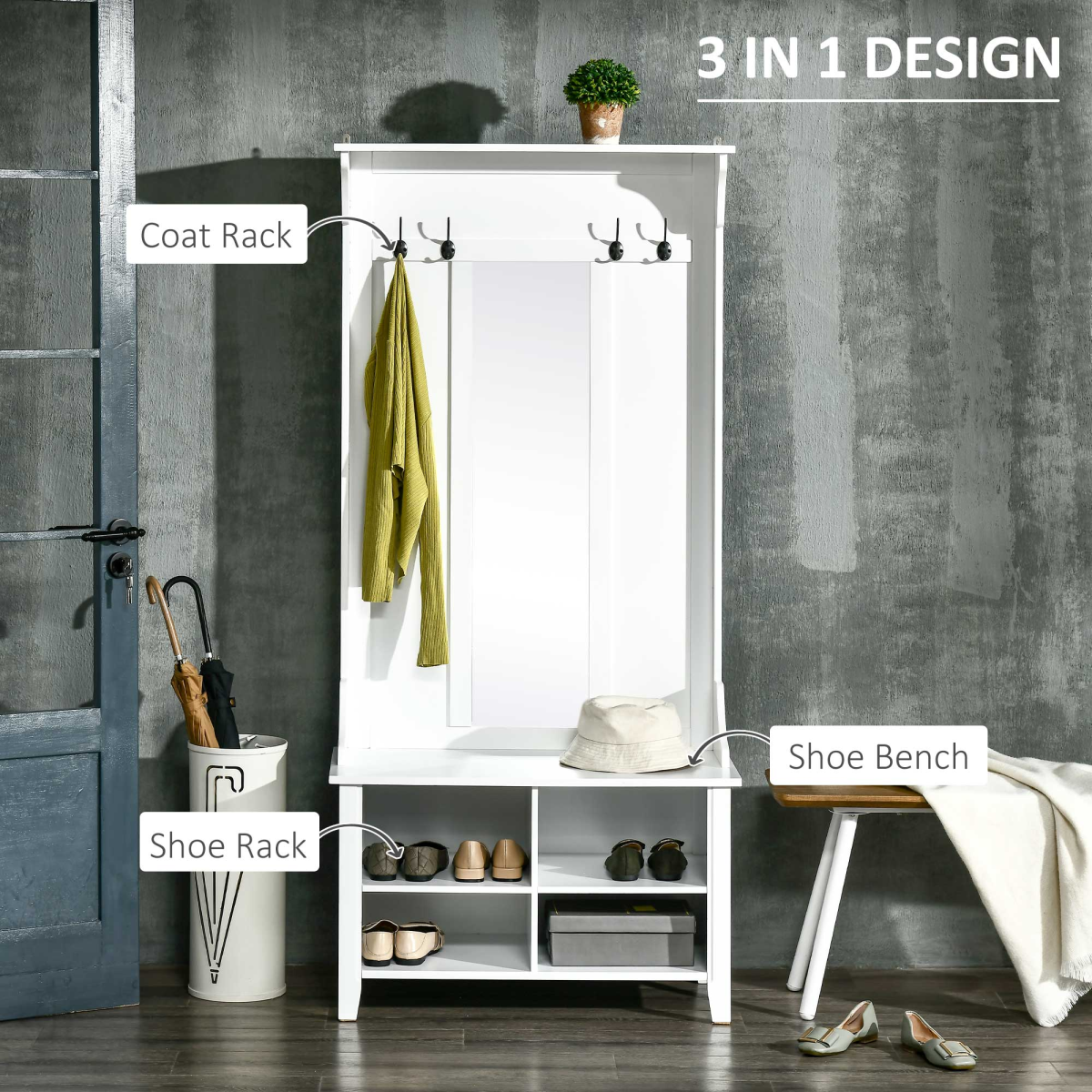HOMCOM 3-in-1 Mirrored Shoe Cabinet with Bench, Coat Hooks and 4 Storage Cubes – White, 80cm