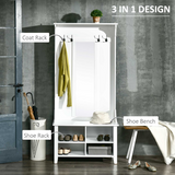 HOMCOM 3-in-1 Mirrored Shoe Cabinet with Bench, Coat Hooks and 4 Storage Cubes – White, 80cm