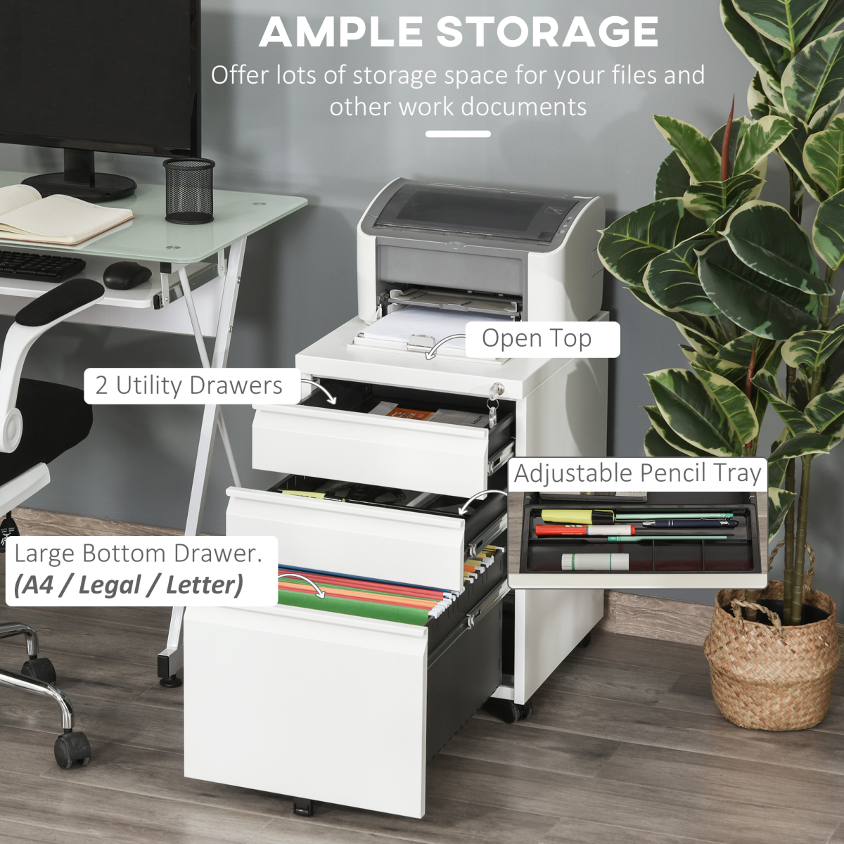Vinsetto Mobile Vertical 3-Drawer Lockable Metal Filing Cabinet with Wheels – Under-Desk Office Storage