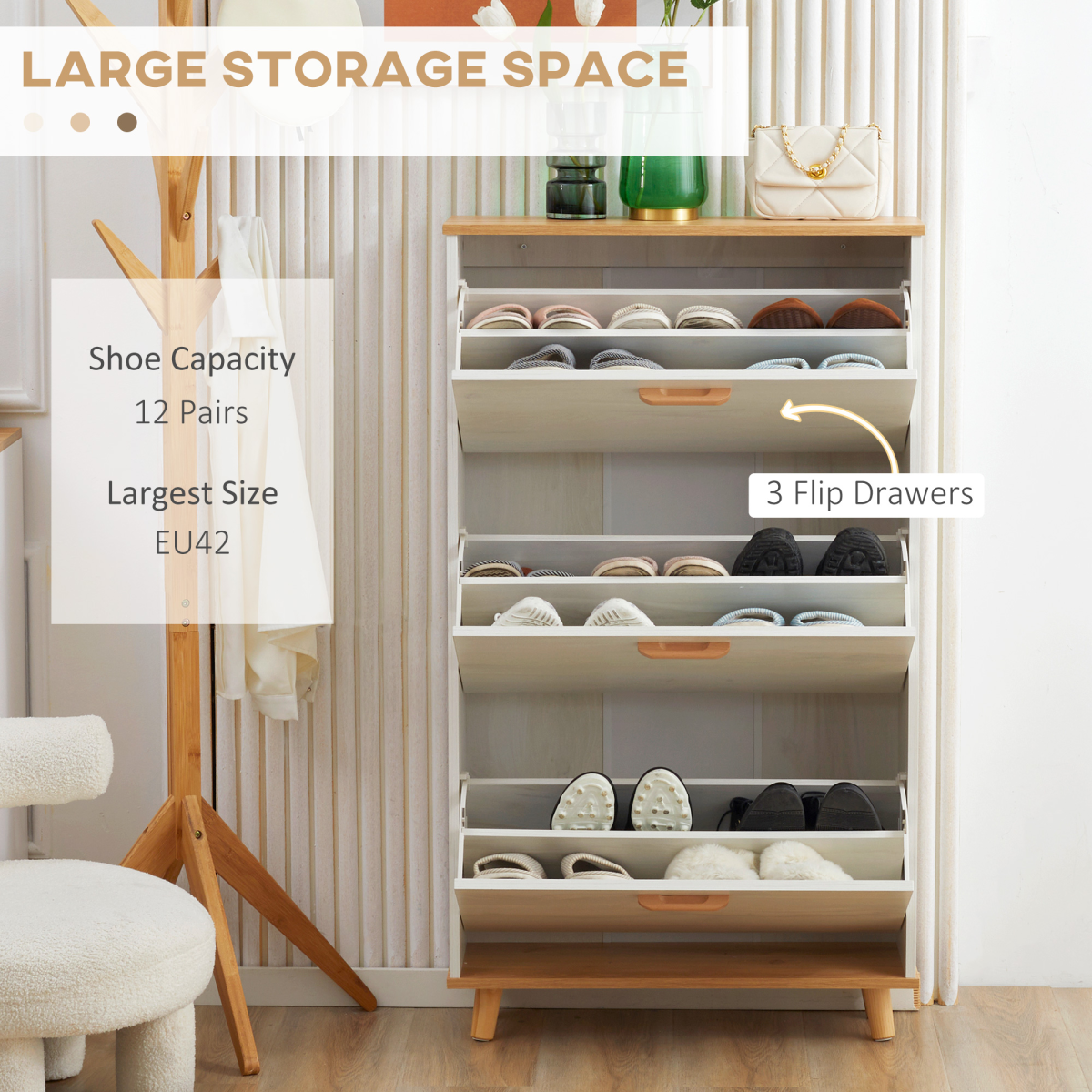 HOMCOM Slim 12 Pair Shoe Storage Cabinet with 3 Flip Drawers – Space Saving Hallway Organiser
