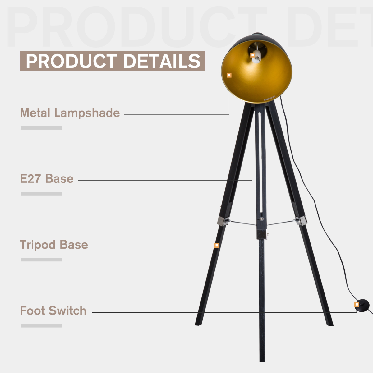 Retro Tripod Floor Lamp with Dome Shade – Black/Gold