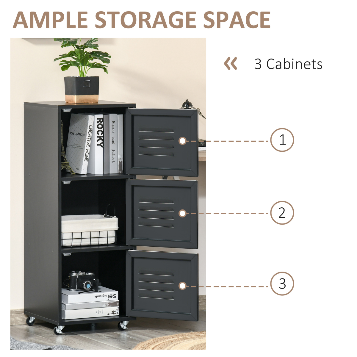 Rolling Storage Cabinet with 3 Compartments, Metal Doors and Wheels – Industrial Mobile File Cabinet, Black