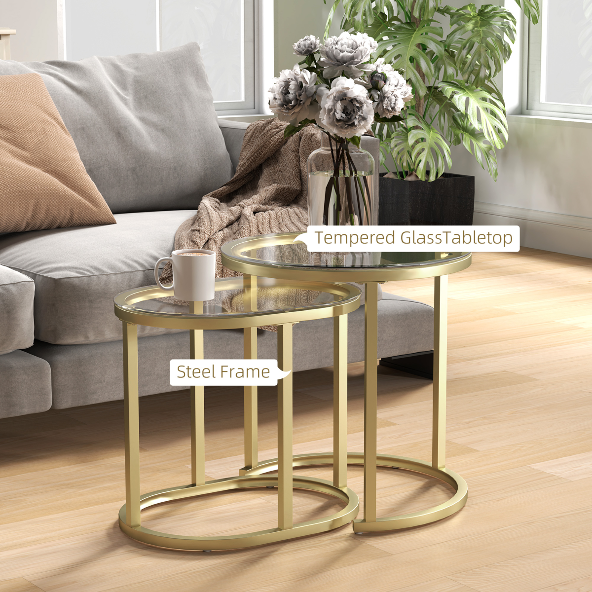 HOMCOM Glass Accent Table Set with Gold Tone Steel Frames – Round & Oblong Side Tables, Clear Tempered Glass
