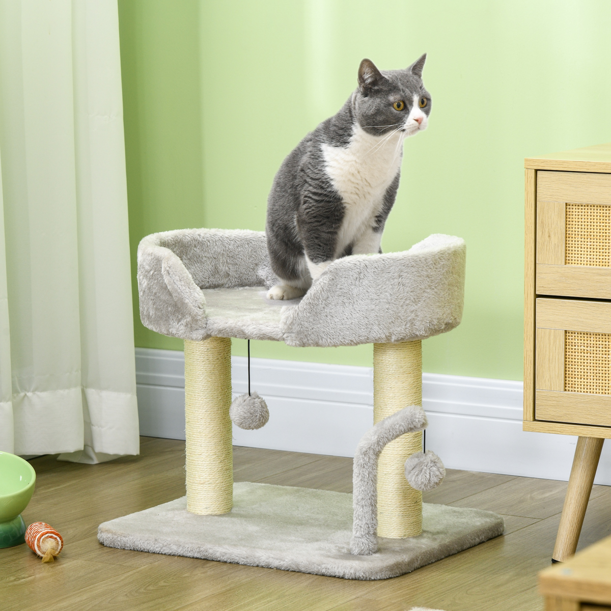 Plush Cat Tree with Sisal Scratching Post, Top Perch & Hanging Toy Balls – Compact Cat Tower, Light Grey