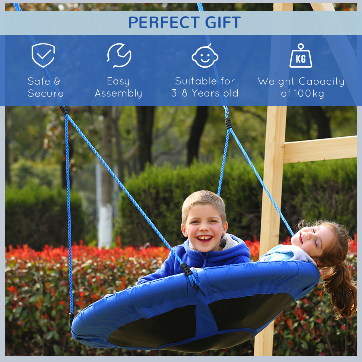 HOMCOM Round Nest Swing for Kids with Steel Frame and Oxford Seat – 100cm Saucer Swing for Playroom