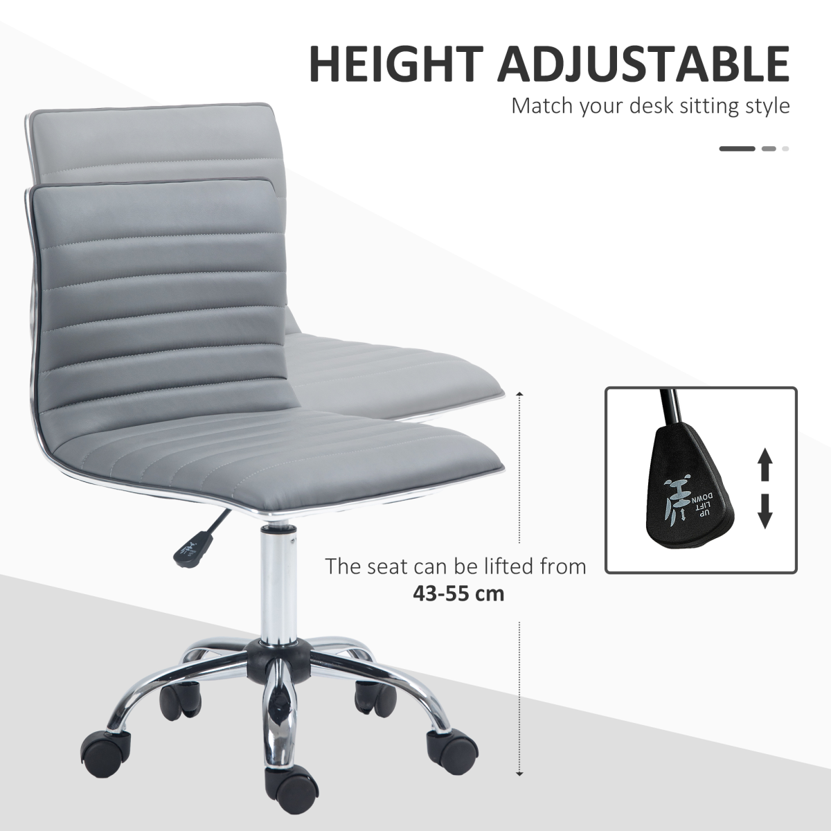 HOMCOM Armless Mid-Back Office Chair with 360° Swivel & Height Adjustment – PU Leather Desk Chair, Light Grey