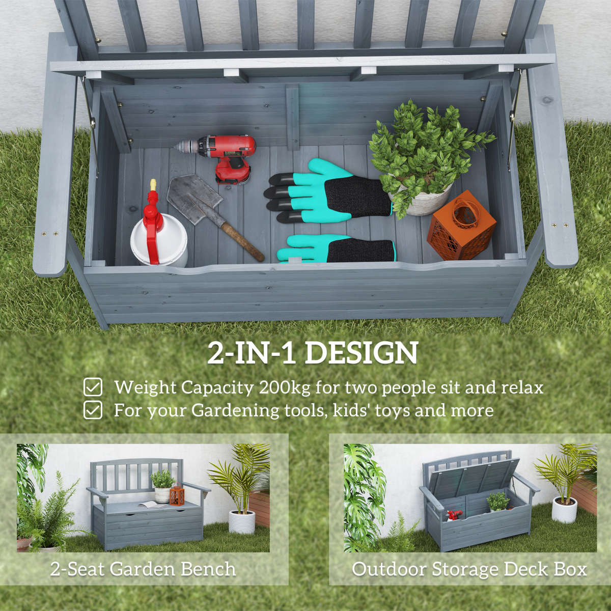 Outsunny 2-Seater Garden Storage Bench with Hidden 164L Compartment – Fir Wood Outdoor Seat, Dark Grey