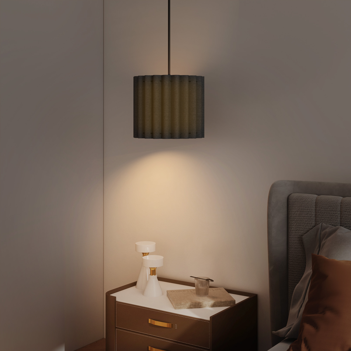 Modern Wave Pendant Light with Linen-Feel Fabric Shade, E27 – Black Ceiling Light Fixture, 178cm Drop