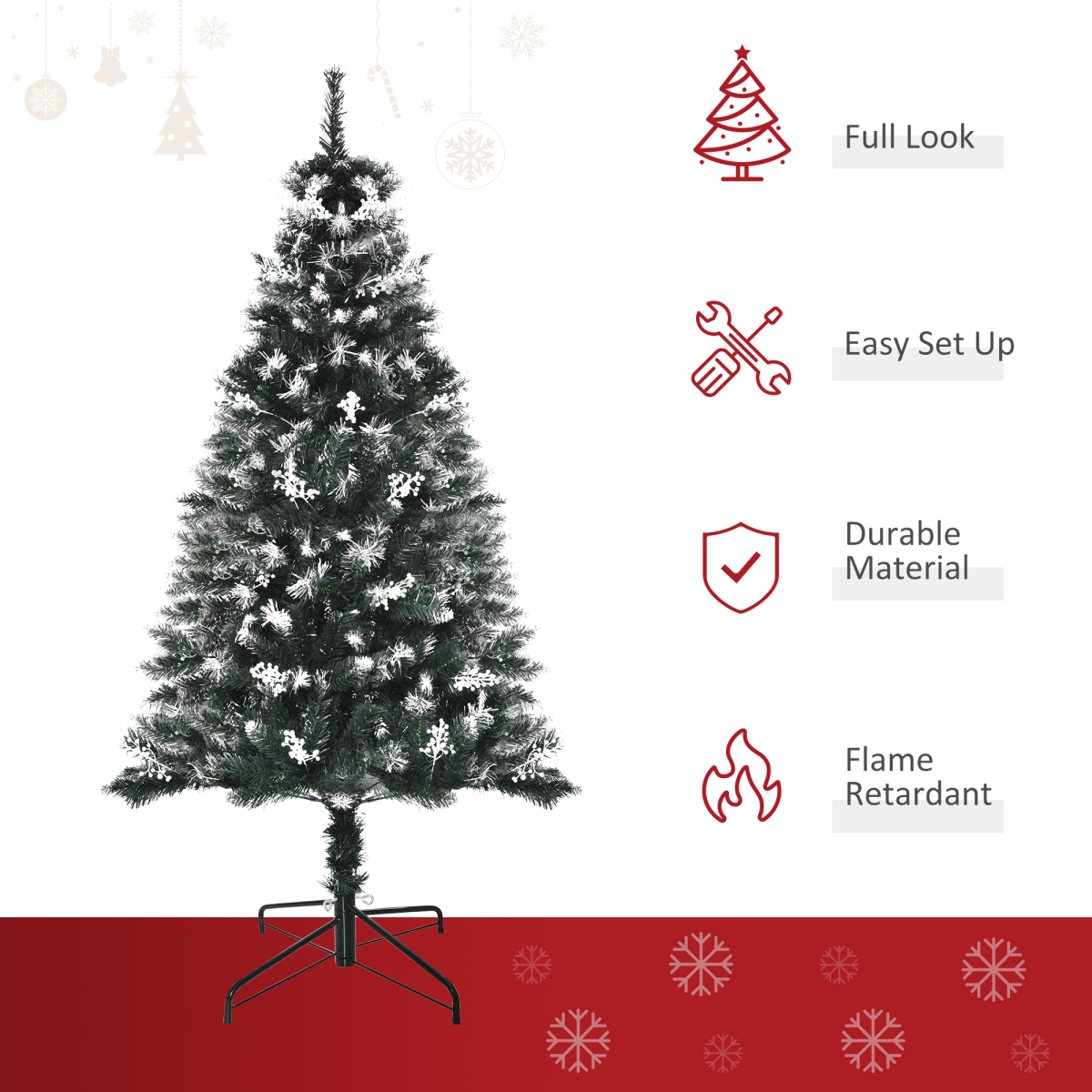 HOMCOM 5ft Artificial Snow-Dipped Christmas Tree with White Berries and Star Topper Branch – Green