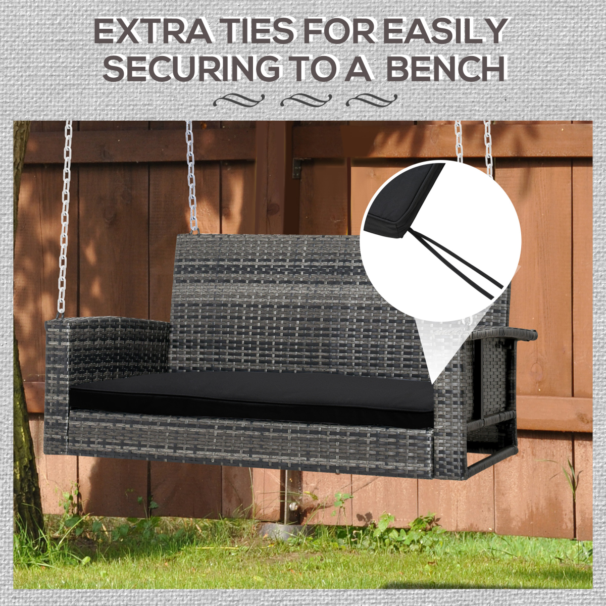 Outsunny 2-Seater Garden Bench Cushion with Tie Fastenings – Cotton-Filled Polyester Seat Pad, Black