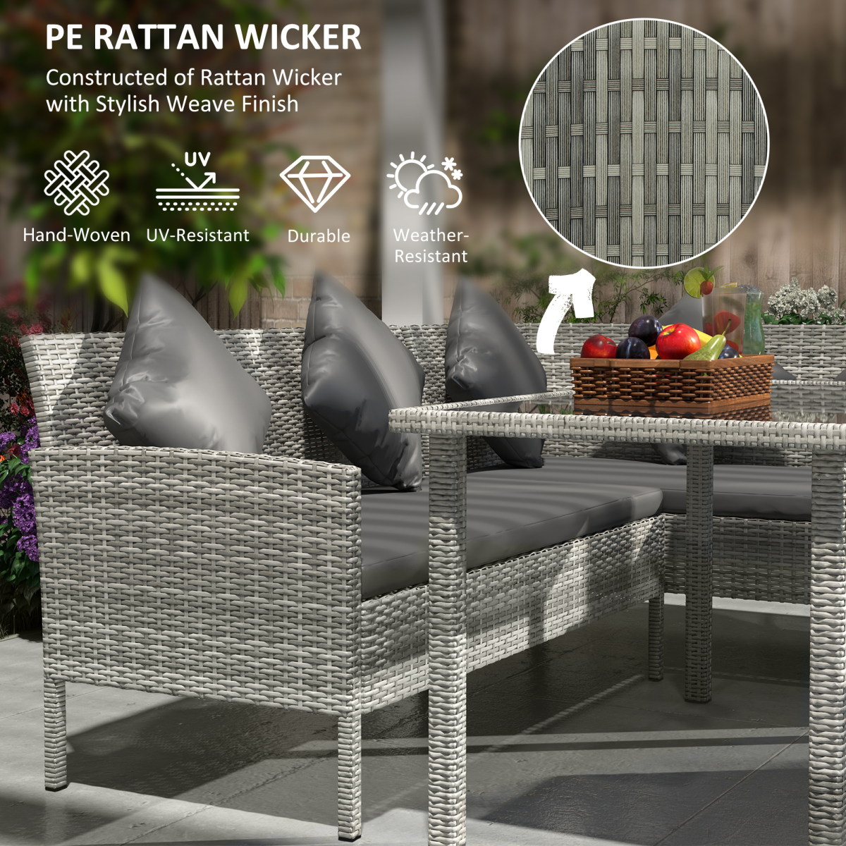 Outsunny 5-Piece Rattan Corner Sofa Dining Set with Glass Table and Footstools – Garden Furniture, Dark Grey