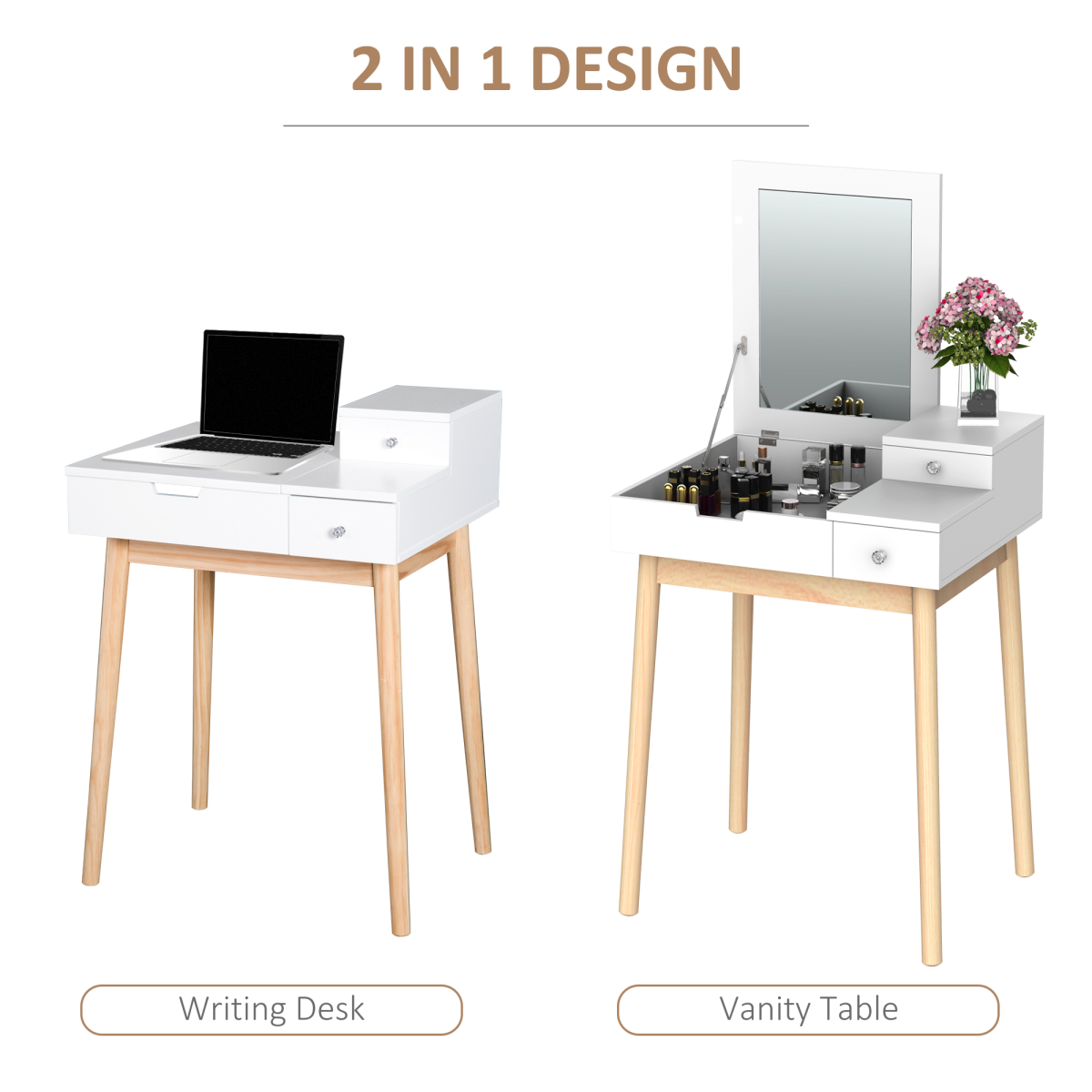 HOMCOM Dressing Table Desk with Flip-Up Mirror & 2 Storage Drawers – Bedroom Vanity and Writing Desk, White