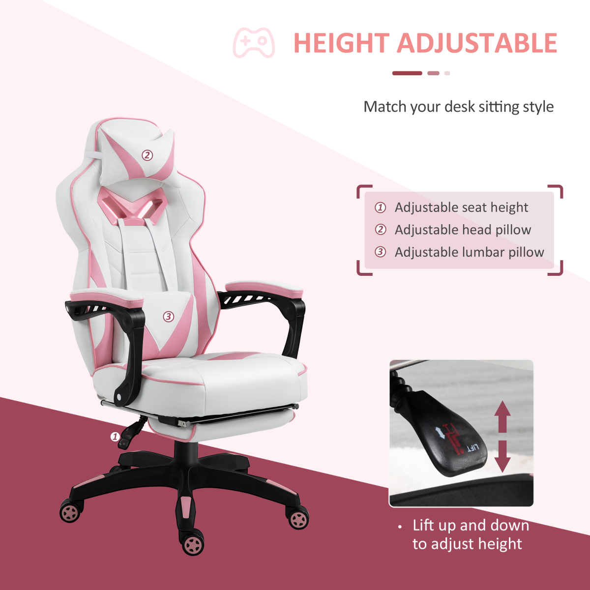 Vinsetto Reclining Racing Gaming Chair with Footrest & 170° Recline – Ergonomic Office Chair, Pink