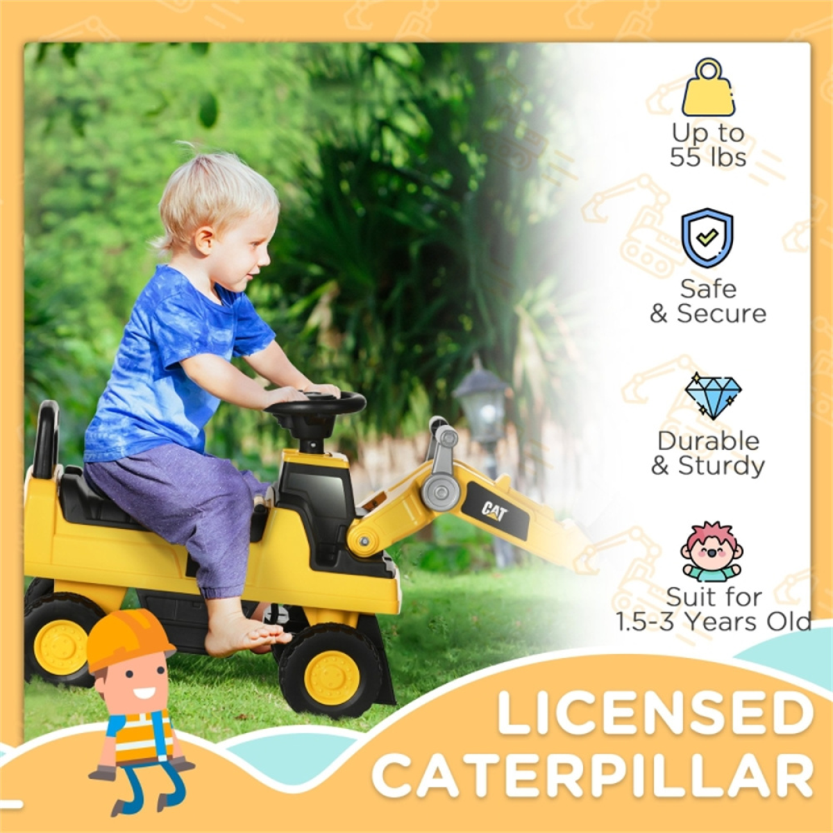 Toddler Ride-On Digger with Working Bucket, Under-Seat Storage and Horn – Foot-Powered Toy, Yellow