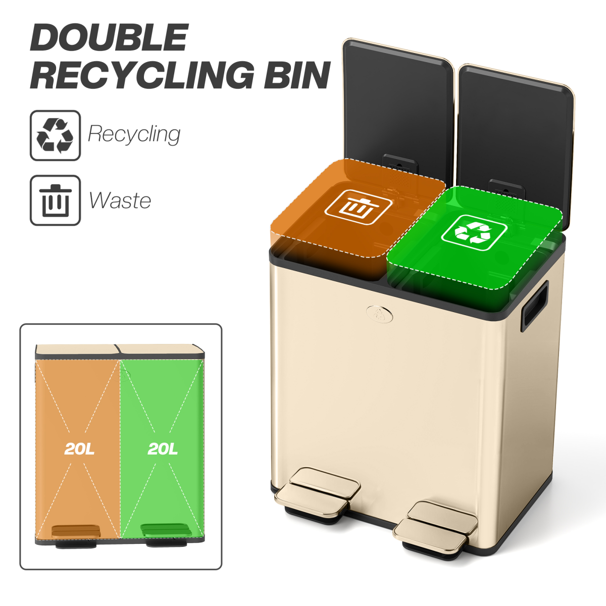 Dual Kitchen Pedal Bin with 2 x 20L Removable Buckets – Stainless Steel Recycling Bin, Gold Tone
