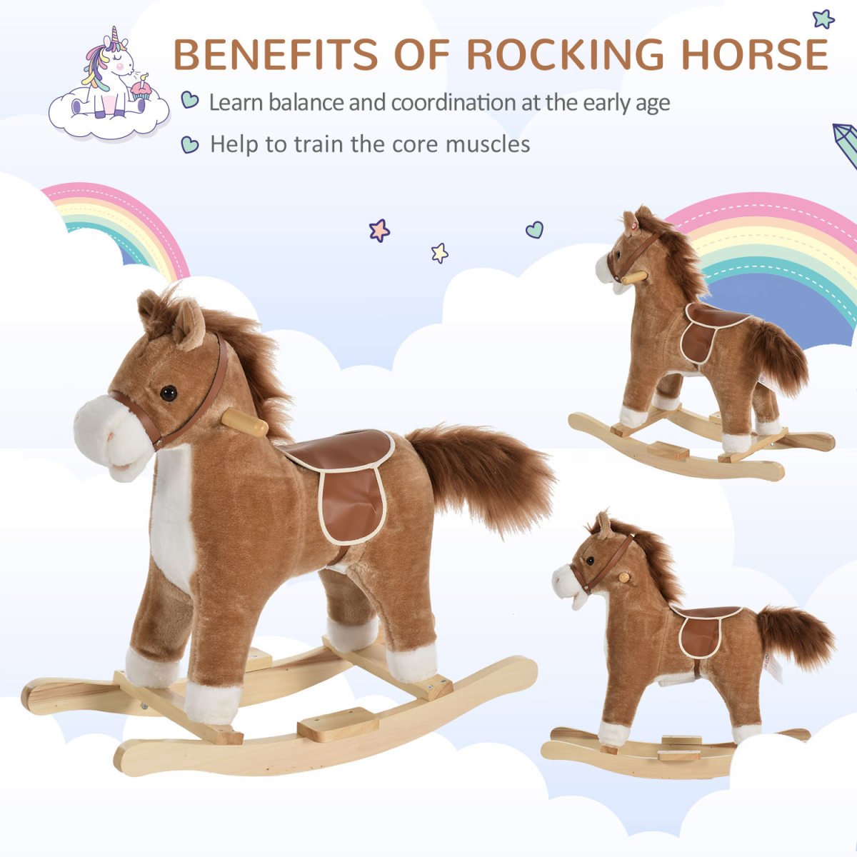 HOMCOM Kids Plush Rocking Horse with Moving Mouth, Wagging Tail and Sounds – Ride-On Toddler Rocker, Brown