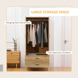 HOMCOM Modern 2-Door Wardrobe with 2 Drawers & Hanging Rail – Natural Bedroom Storage