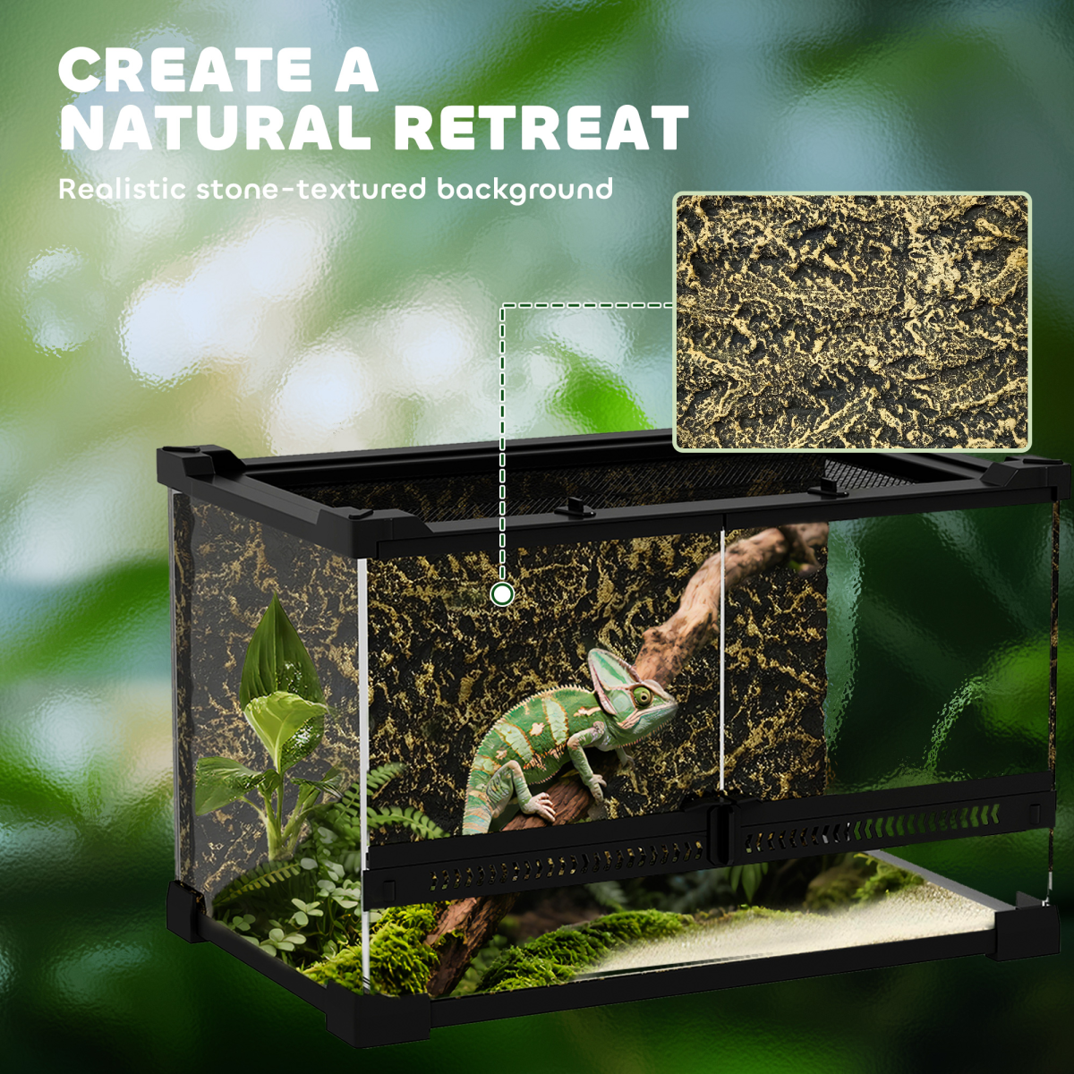 Reptile Glass Terrarium with Rock Background, Ventilated Lid & Waterproof Base – 10L Habitat, Black