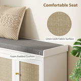 HOMCOM Shoe Storage Bench with Rattan Doors and Seat Cushion – Boho Entryway Shoe Cabinet Bench, White and Grey