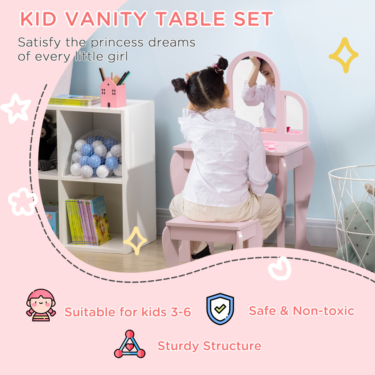 Kids Dressing Table and Stool Set with Mirror and Drawer – Vanity Table for Ages 3-6 Years, Pink