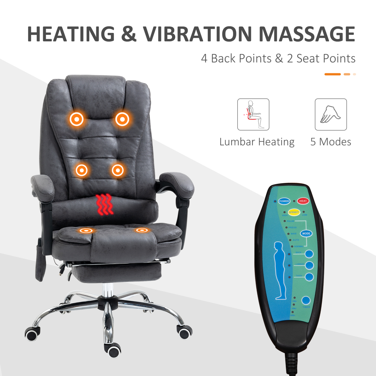 Vinsetto Heated Massage Office Chair with 6 Vibration Points – Reclining Chair with Footrest, Dark Grey