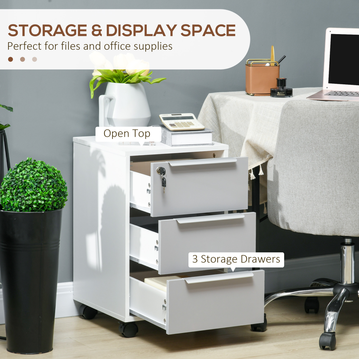 HOMCOM 3-Drawer Mobile File Cabinet with Central Lock and Swivel Casters – Home Office Storage Chest