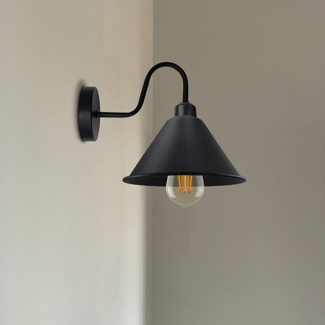 Vintage Cone Wall Light with Swan Neck and E27 Socket – Dimmable Indoor Sconce, Black