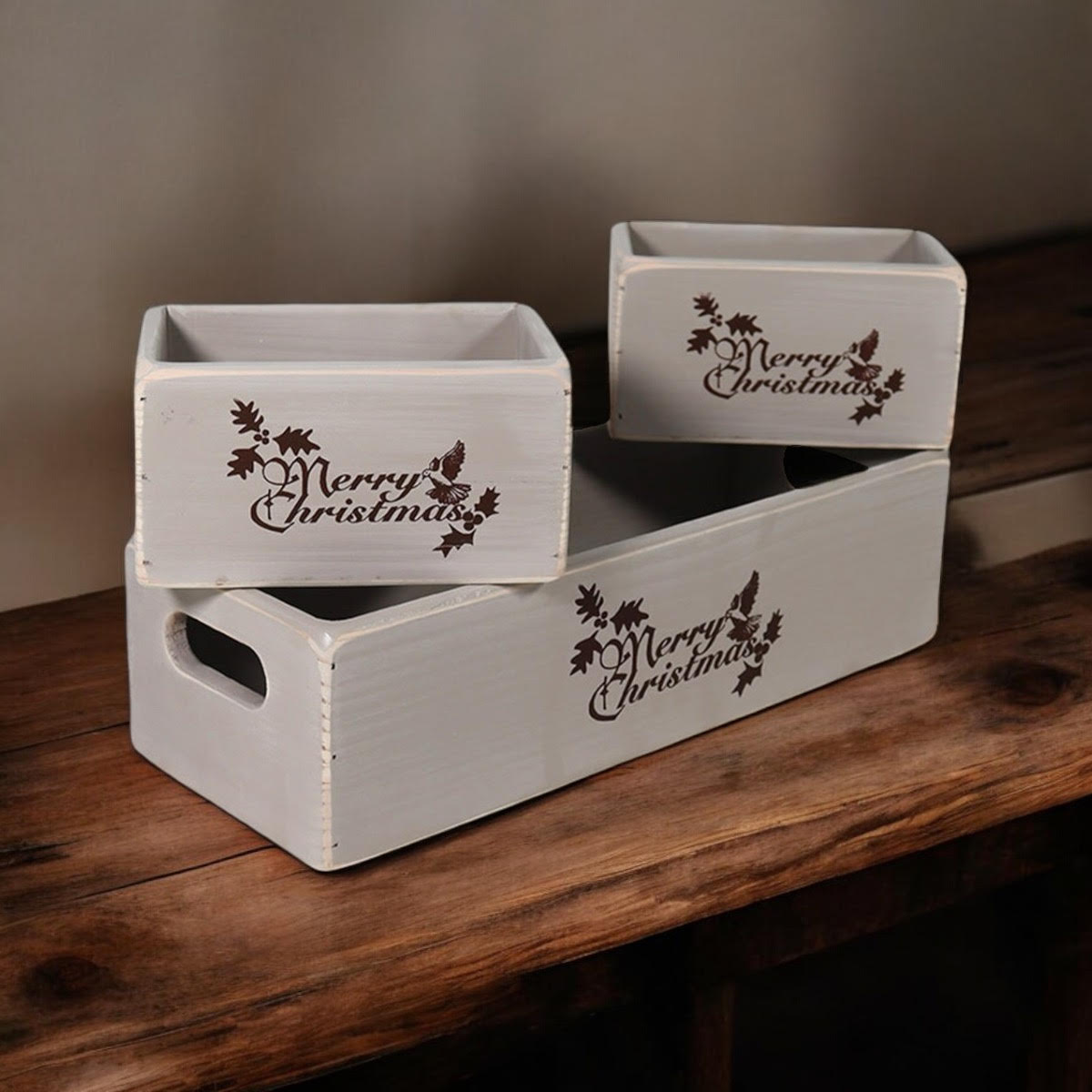 AcaciaHome Vintage Wooden Merry Christmas Storage Crate Set with Sturdy Handles – Festive Rustic Decor