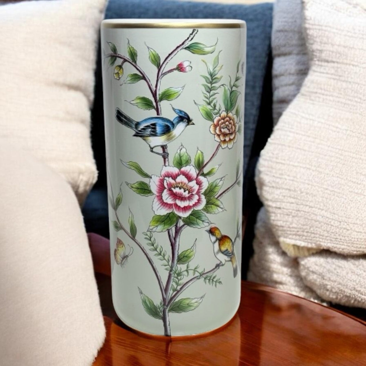 AcaciaHome Ceramic Umbrella Stand, 18" Tall – Decorative Vase or Holder for Home and Office, Floral with 2 Birds Design