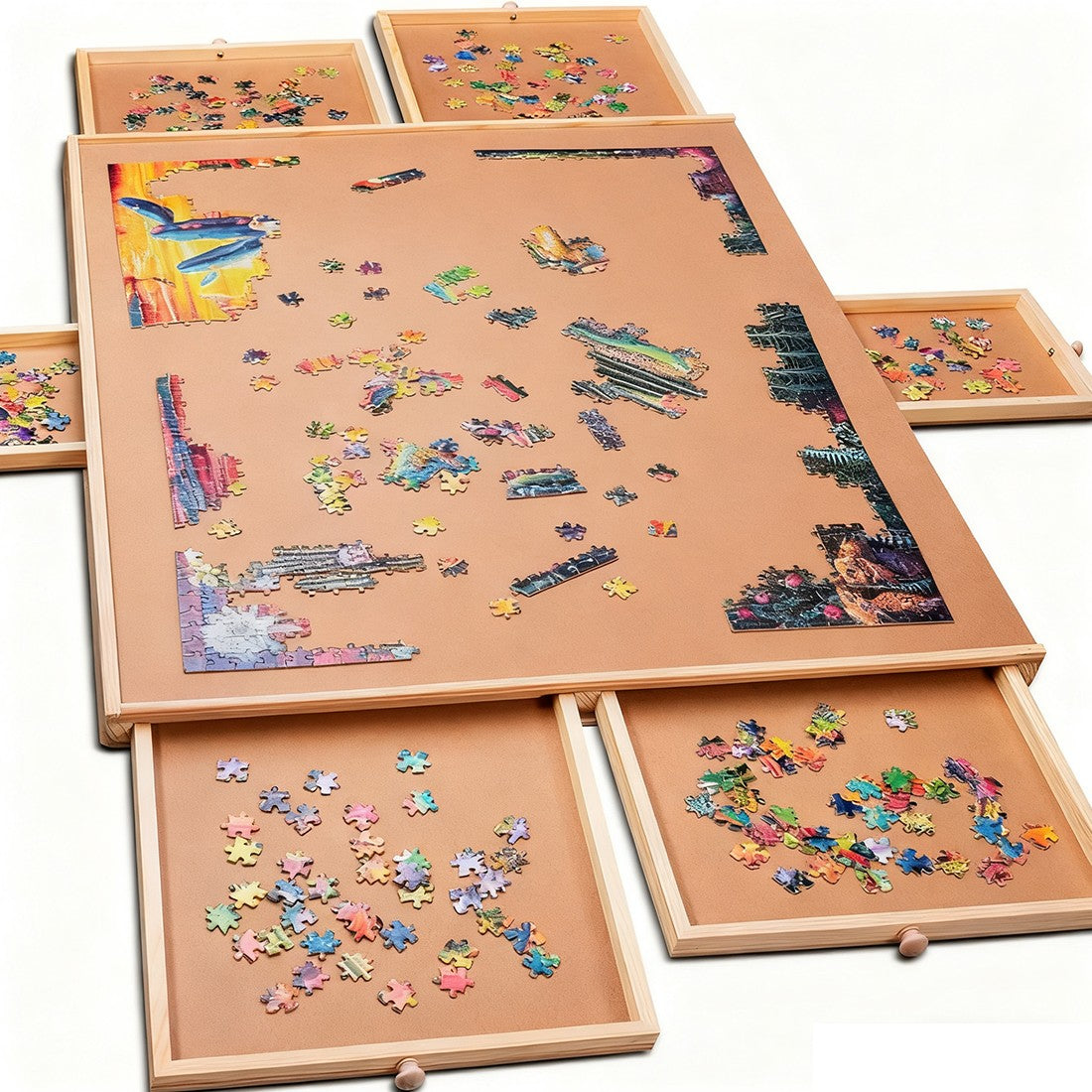 Wooden Jigsaw Puzzle Board with 6 Sliding Drawers – Portable Puzzle Storage Table, Holds 60 Pieces